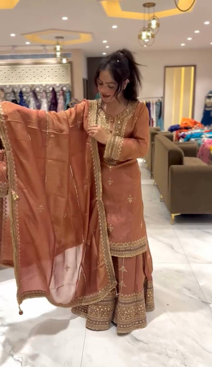 Ready To Wear Pure Chinnon Set with Heavy Sequence Embroidery Top Bottom and Dupatta - Jaipuri Vastra