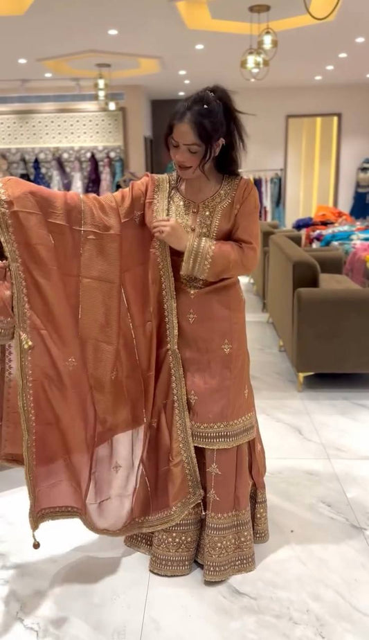 Ready To Wear Pure Chinnon Set with Heavy Sequence Embroidery Top Bottom and Dupatta - Jaipuri Vastra