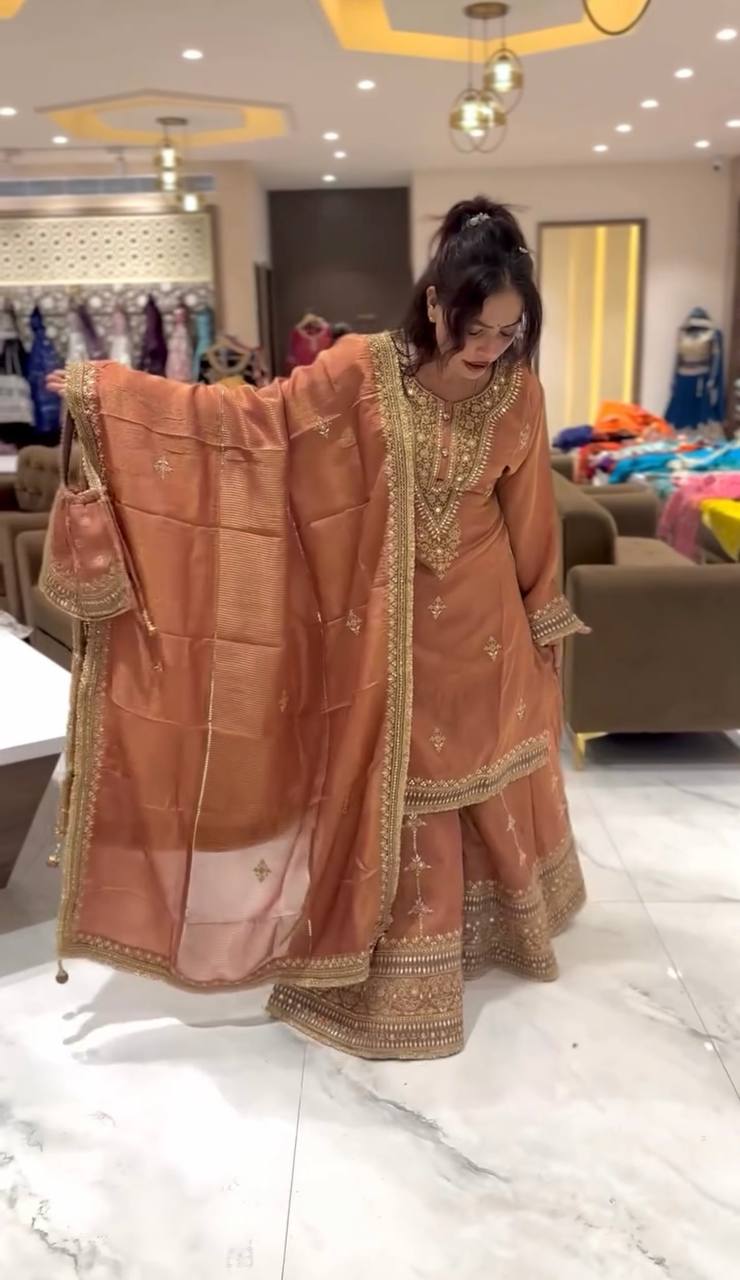 Ready To Wear Pure Chinnon Set with Heavy Sequence Embroidery Top Bottom and Dupatta - Jaipuri Vastra