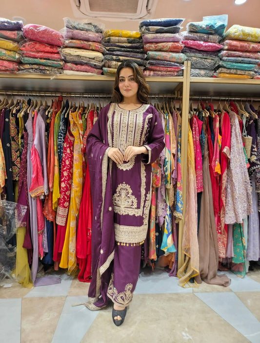 Fully Stitched Pure Chinnon Embroidery Set with Dori and Sequence Detailing - Jaipuri Vastra