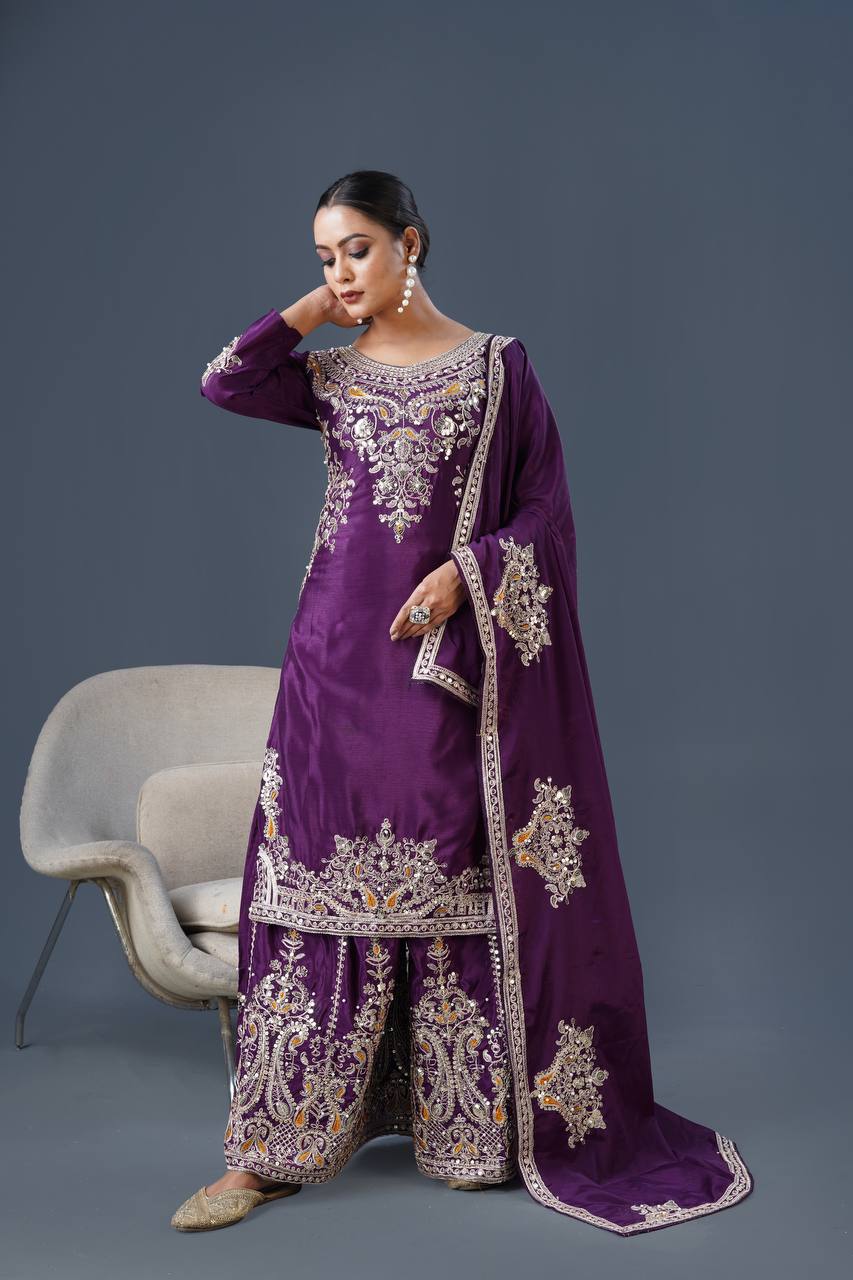 Heavy Embroidered Pure Chinnon Suit Set with Coding Dori and Sequence Work - Jaipuri Vastra