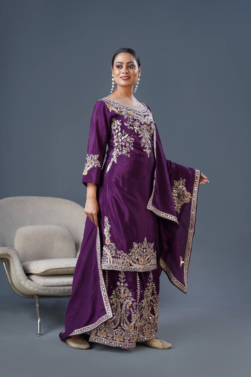 Heavy Embroidered Pure Chinnon Suit Set with Coding Dori and Sequence Work - Jaipuri Vastra