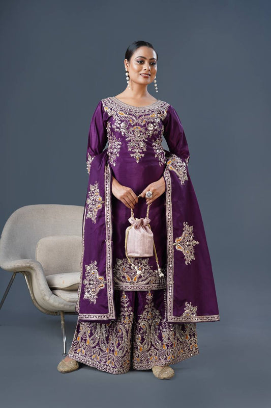 Heavy Embroidered Pure Chinnon Suit Set with Coding Dori and Sequence Work - Jaipuri Vastra