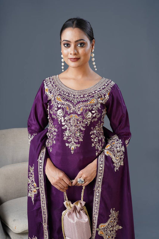 Heavy Embroidered Pure Chinnon Suit Set with Coding Dori and Sequence Work - Jaipuri Vastra