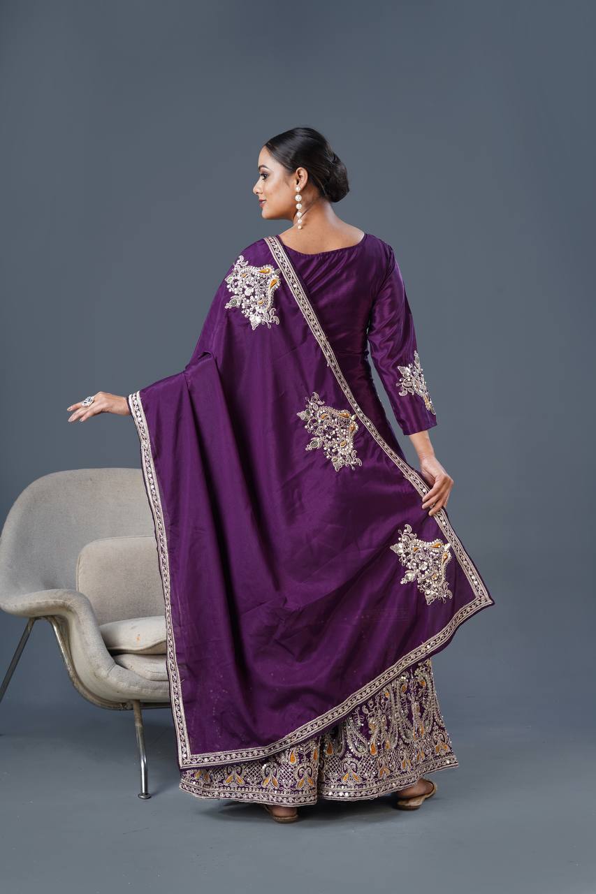 Heavy Embroidered Pure Chinnon Suit Set with Coding Dori and Sequence Work - Jaipuri Vastra