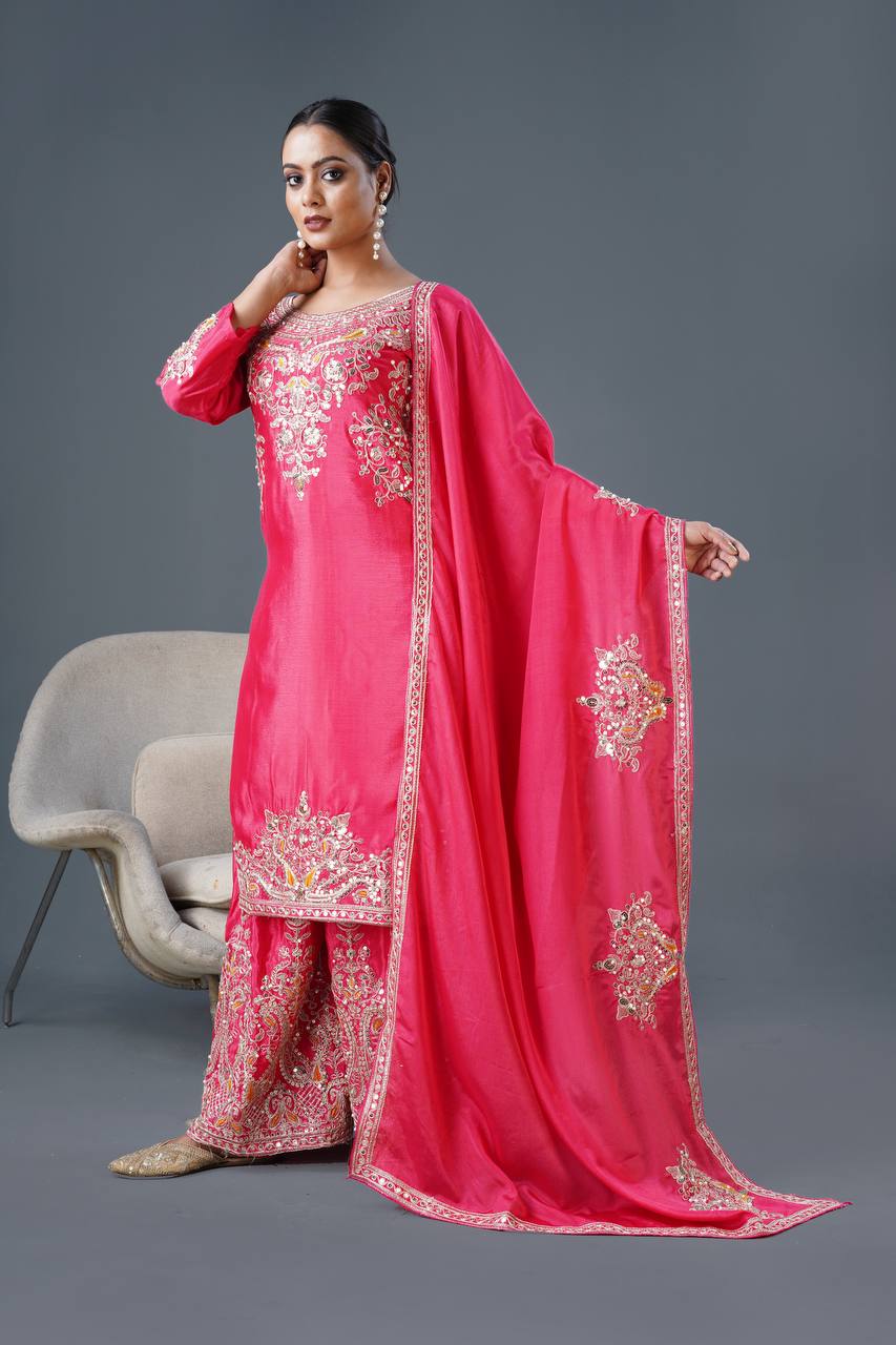 Heavy Embroidered Pure Chinnon Suit Set with Coding Dori and Sequence Work - Jaipuri Vastra