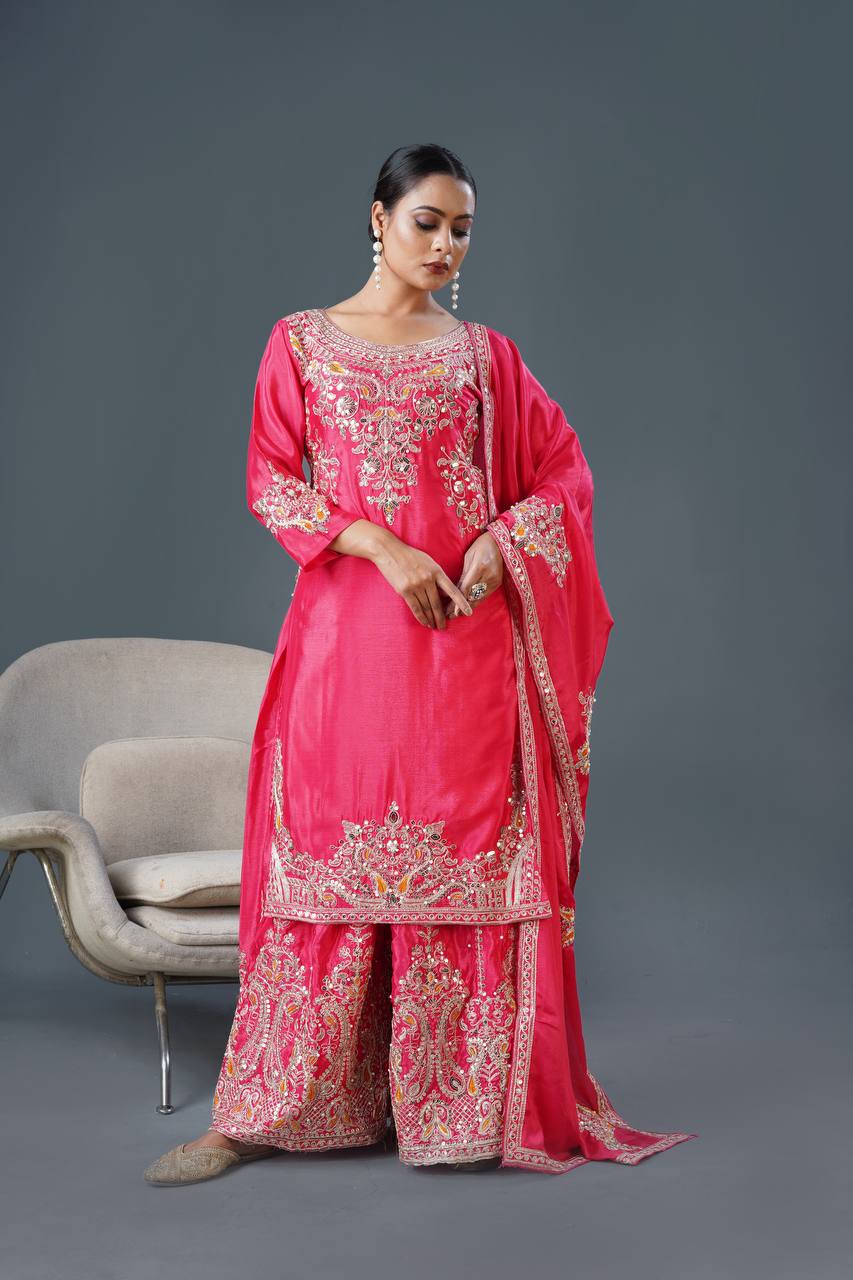 Heavy Embroidered Pure Chinnon Suit Set with Coding Dori and Sequence Work - Jaipuri Vastra