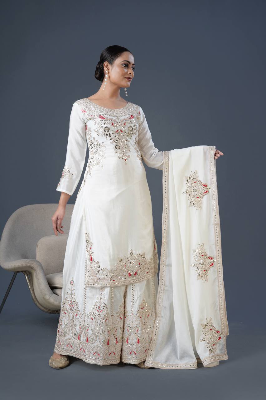 Heavy Embroidered Pure Chinnon Suit Set with Coding Dori and Sequence Work - Jaipuri Vastra