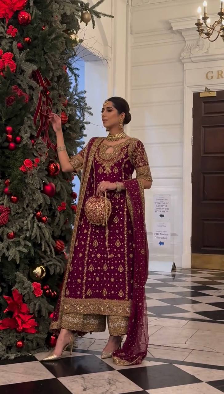 New Designer Maroon Faux Georgette Embroidered Top Plazzo and Dupatta Set - Jaipuri Vastra