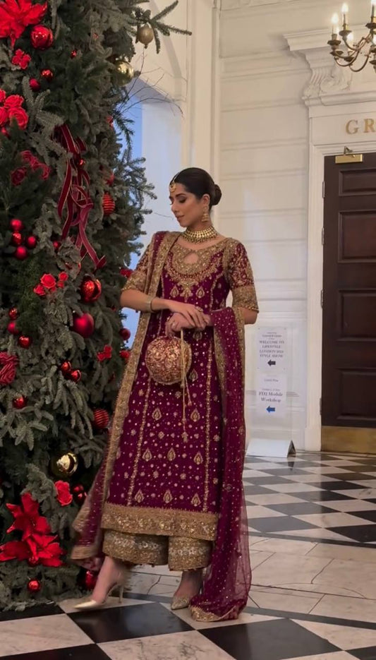 New Designer Maroon Faux Georgette Embroidered Top Plazzo and Dupatta Set - Jaipuri Vastra