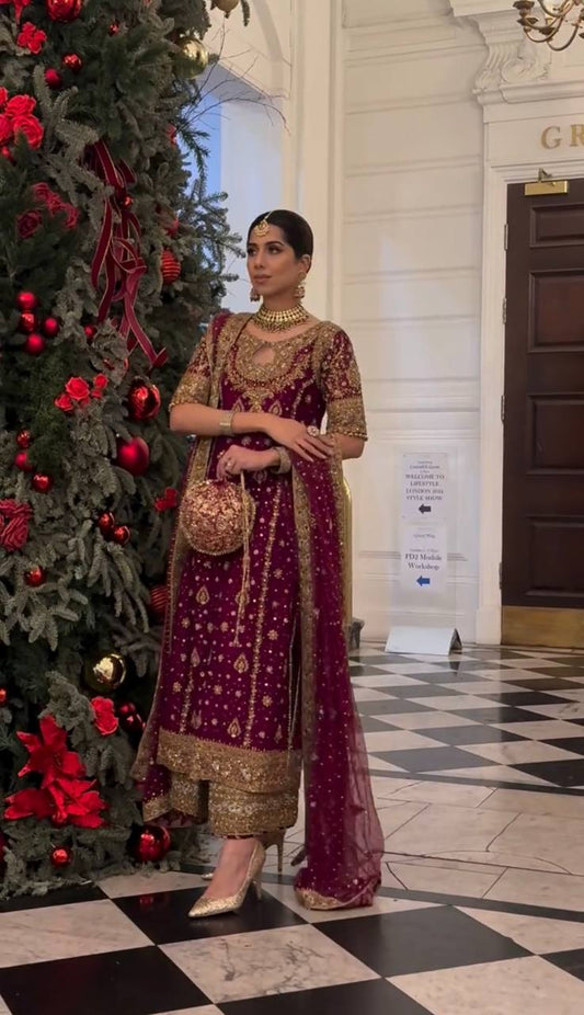 New Designer Maroon Faux Georgette Embroidered Top Plazzo and Dupatta Set - Jaipuri Vastra