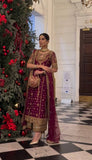 New Designer Maroon Faux Georgette Embroidered Top Plazzo and Dupatta Set - Jaipuri Vastra