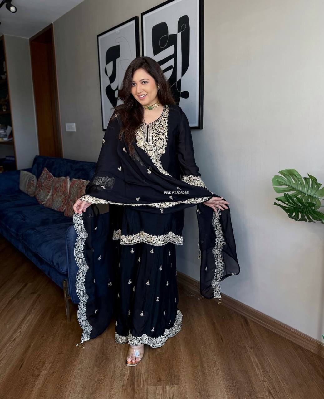 Designer Chinnon Top Bottom Dupatta Set with Coding Dori Sequence Work - Jaipuri Vastra