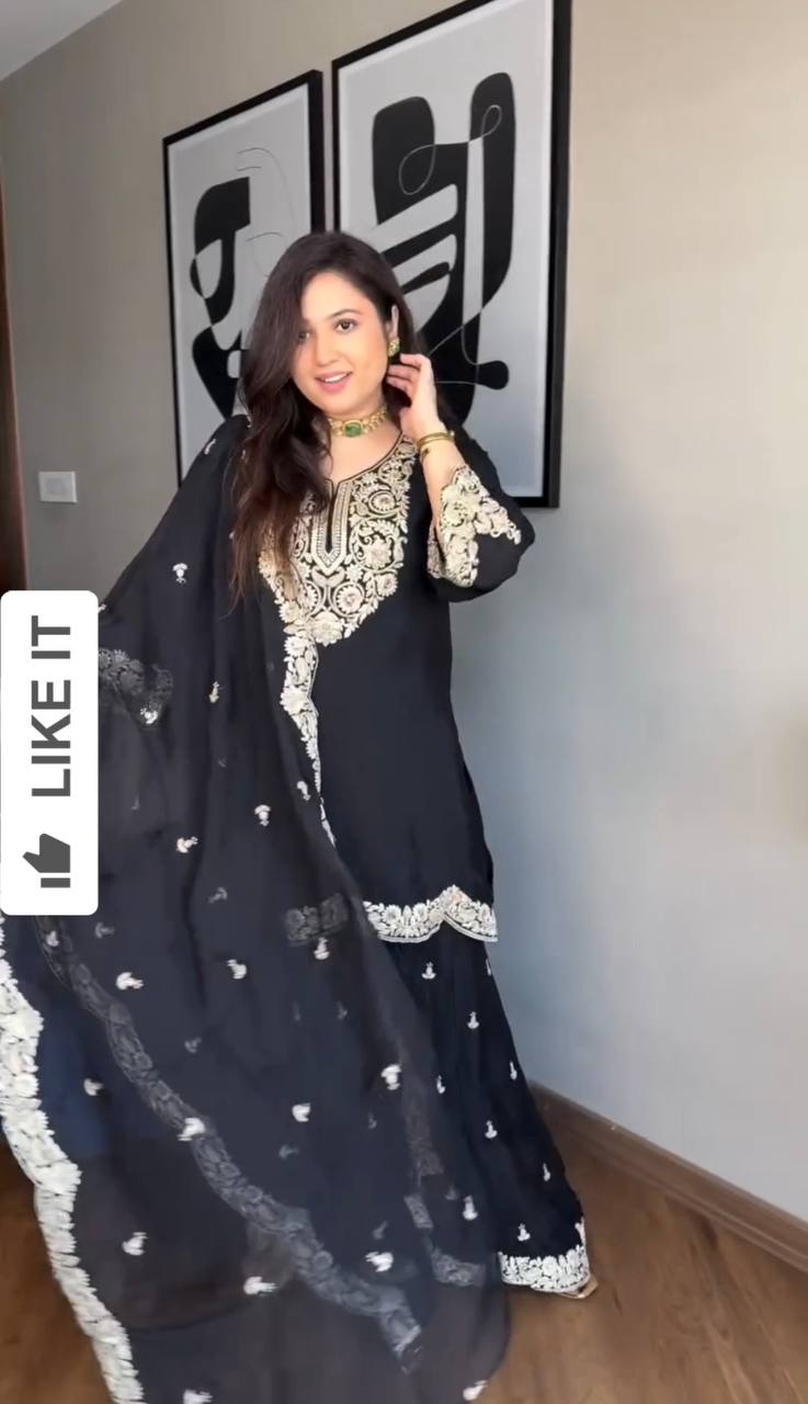 Designer Chinnon Top Bottom Dupatta Set with Coding Dori Sequence Work - Jaipuri Vastra