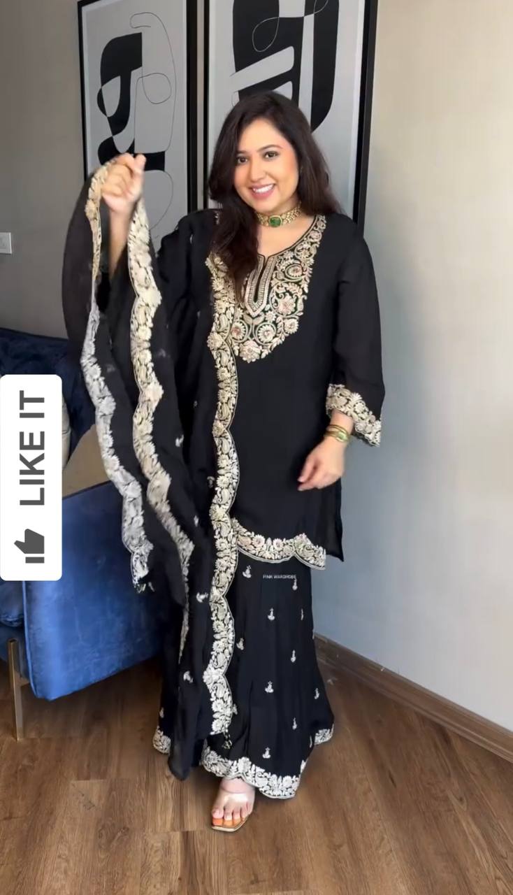 Designer Chinnon Top Bottom Dupatta Set with Coding Dori Sequence Work - Jaipuri Vastra