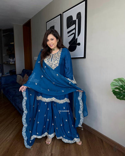 Designer Chinnon Top Bottom Dupatta Set with Coding Dori Sequence Work - Jaipuri Vastra