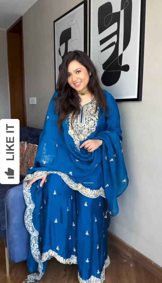 Designer Chinnon Top Bottom Dupatta Set with Coding Dori Sequence Work - Jaipuri Vastra