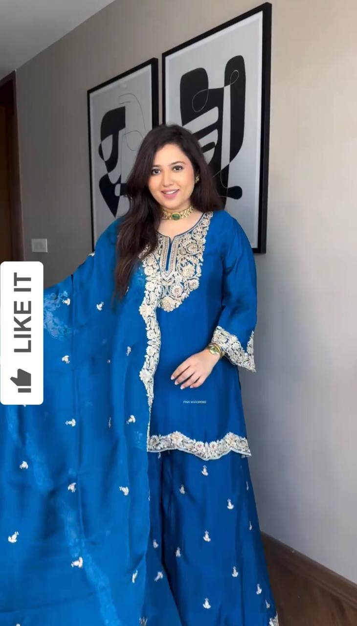 Designer Chinnon Top Bottom Dupatta Set with Coding Dori Sequence Work - Jaipuri Vastra