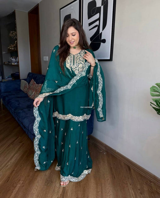 Designer Chinnon Top Bottom Dupatta Set with Coding Dori Sequence Work - Jaipuri Vastra