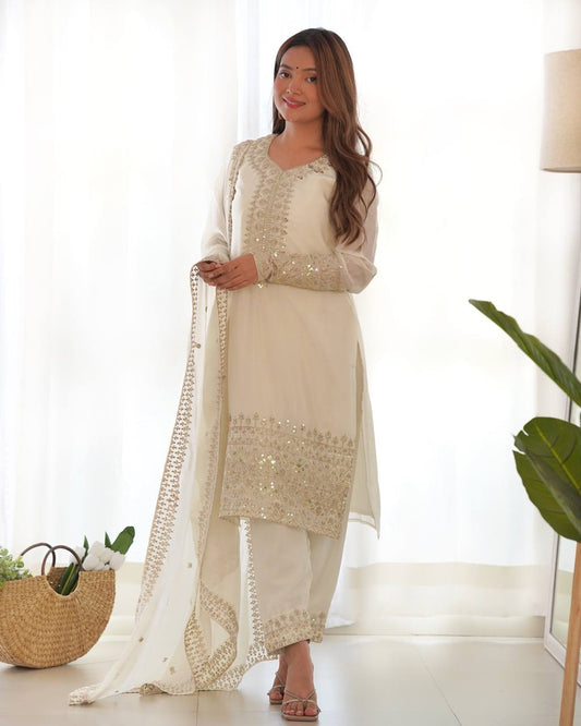 Designer Chinon Silk Straight Fit Kurta with Sequin and Zari Embroidery, Dupatta & Trouser Set - Jaipuri Vastra