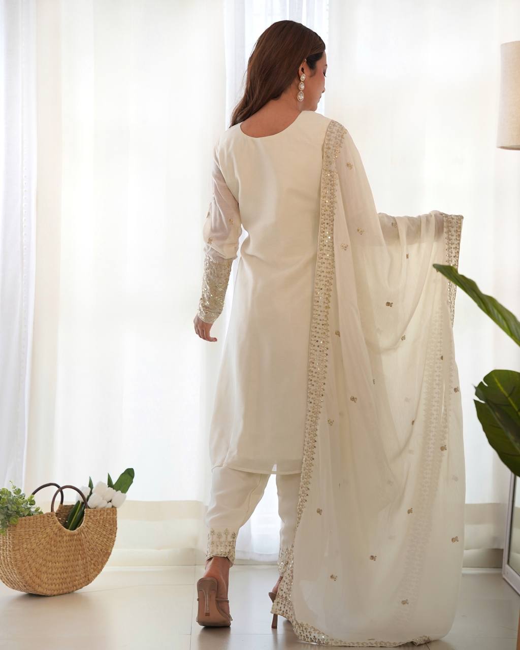 Designer Chinon Silk Straight Fit Kurta with Sequin and Zari Embroidery, Dupatta & Trouser Set - Jaipuri Vastra