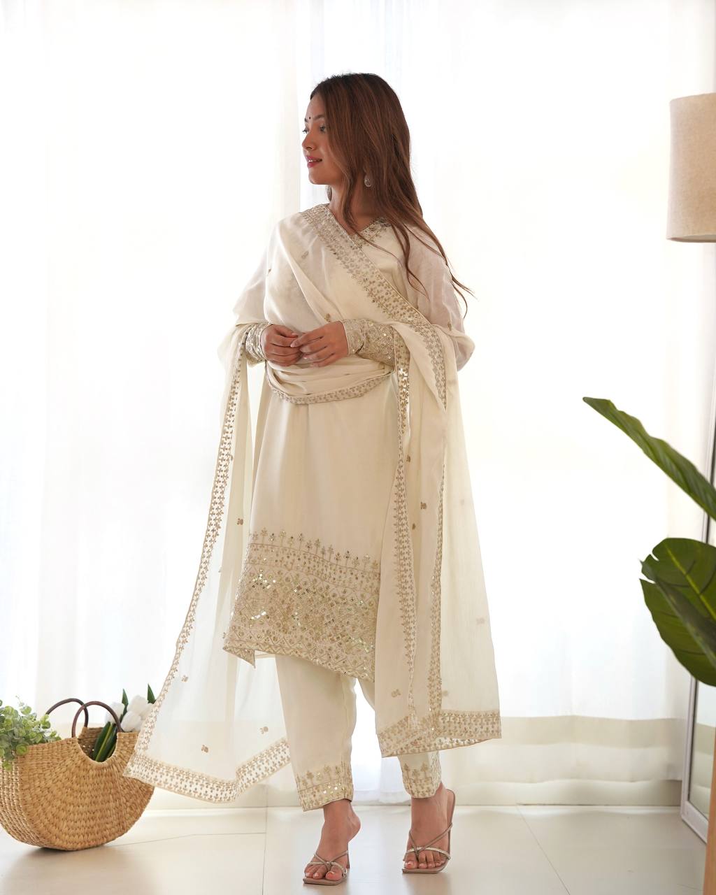 Designer Chinon Silk Straight Fit Kurta with Sequin and Zari Embroidery, Dupatta & Trouser Set - Jaipuri Vastra