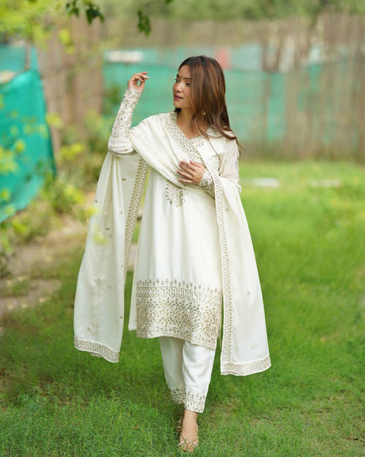 Designer Chinon Silk Straight Fit Kurta with Sequin and Zari Embroidery, Dupatta & Trouser Set - Jaipuri Vastra