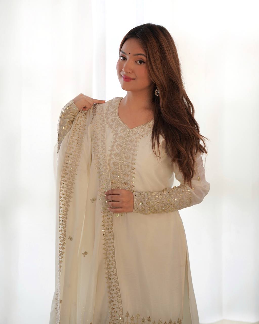 Designer Chinon Silk Straight Fit Kurta with Sequin and Zari Embroidery, Dupatta & Trouser Set - Jaipuri Vastra