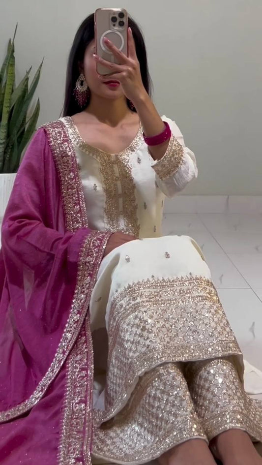 Fully Stitched Festival Set in Chinnon Silk with Heavy Embroidery Sequence Work Top Bottom Dupatta - Jaipuri Vastra