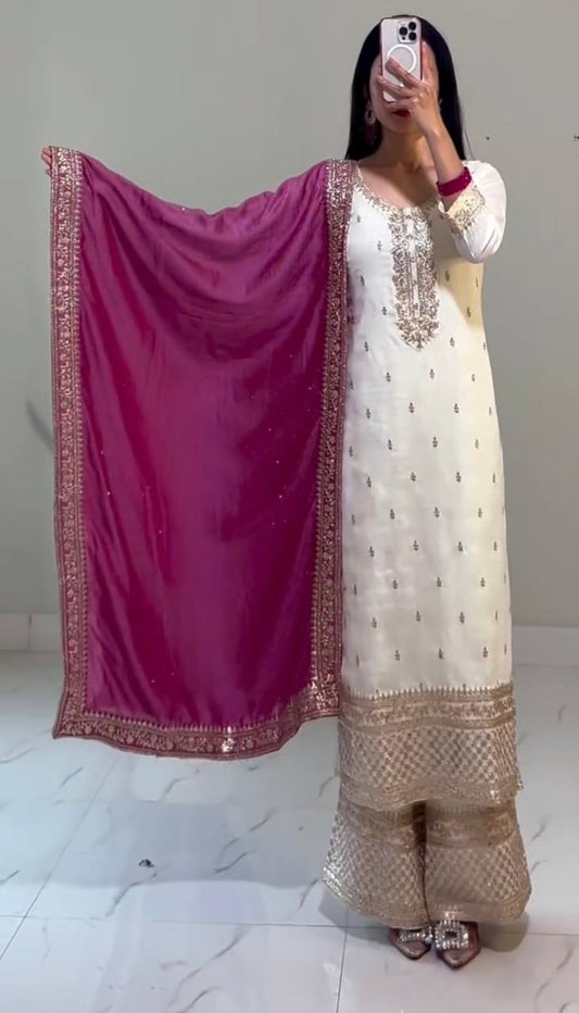 Fully Stitched Festival Set in Chinnon Silk with Heavy Embroidery Sequence Work Top Bottom Dupatta - Jaipuri Vastra