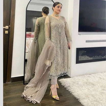Elegant Soft Net Suit Set with Heavy Diamond Work, Sequin Embroidery, Soft Silk Pant and Dupatta - Jaipuri Vastra