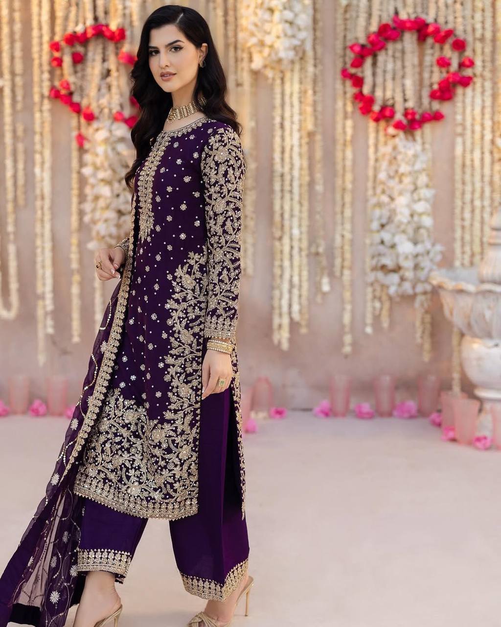 New Designer Set: Heavy Faux Georgette Top Plazzo Dupatta with Embroidery and Beads - Jaipuri Vastra