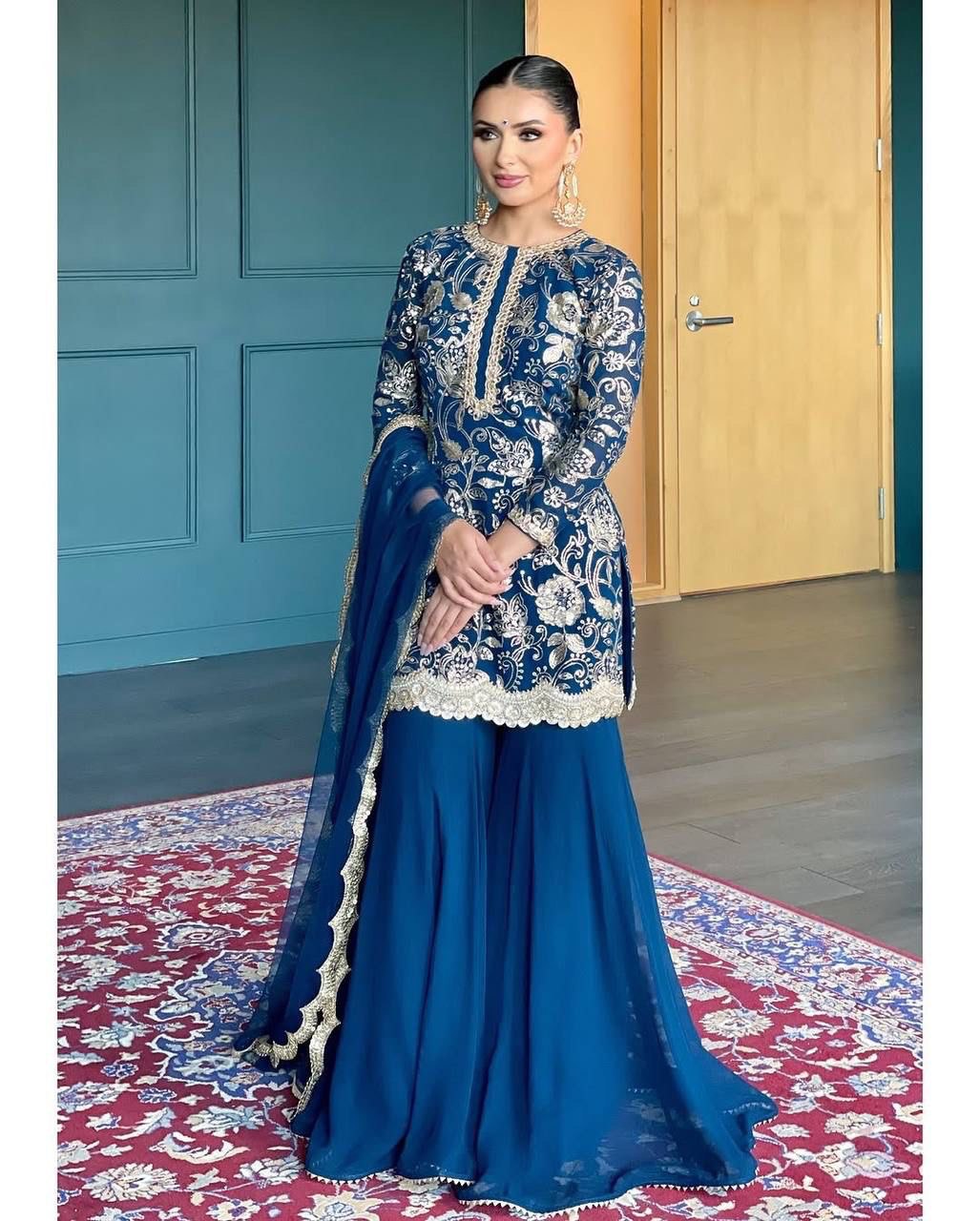 Stylish Faux Georgette Kurti Sharara and Dupatta Ensemble for Festive Wear - Jaipuri Vastra