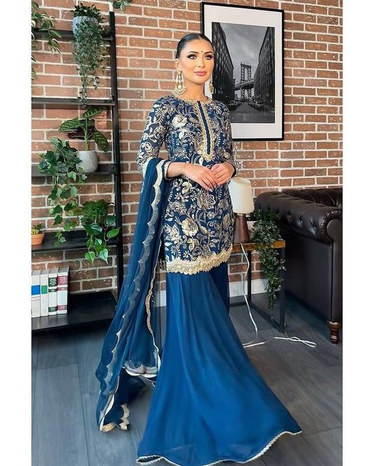 Stylish Faux Georgette Kurti Sharara and Dupatta Ensemble for Festive Wear - Jaipuri Vastra