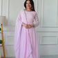 Party Wear Gown with Pant in Pink Heavy Faux Georgette with Detailed Embroidery and Full Sleeves