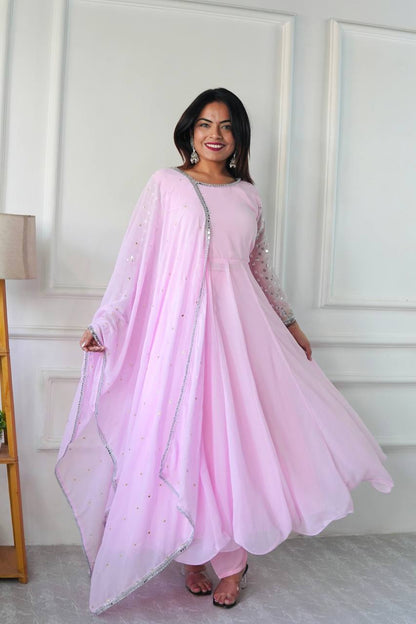 Party Wear Gown with Pant in Pink Heavy Faux Georgette with Detailed Embroidery and Full Sleeves