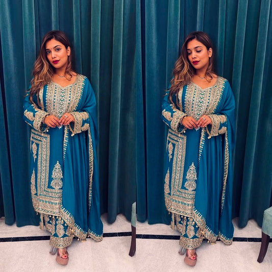 Fully Stitched Pure Chinnon Top Bottom and Dupatta Set with Embroidery Coding Dori Sequence Work - Jaipuri Vastra