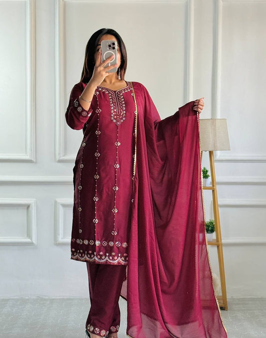 Designer Party Wear Look: Heavy Star Georgette Top and Pant with Moti Embroidery and Dupatta