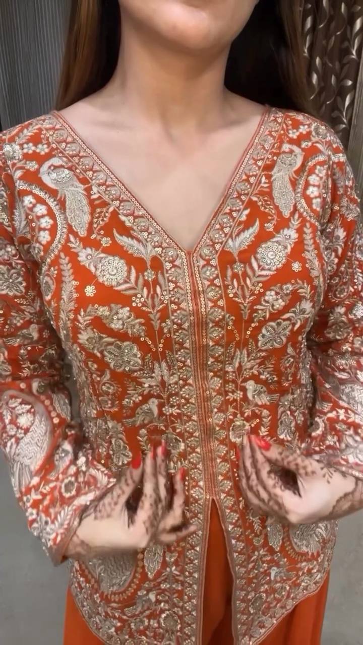 Designer Chinon Top with Sequence Embroidery Work Paired with Plazzo and Dupatta