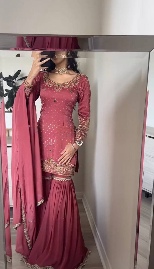 Fully Stitched Gold Crush Top Bottom Dupatta Set with Embroidery Sequence Work in Pink - Jaipuri Vastra