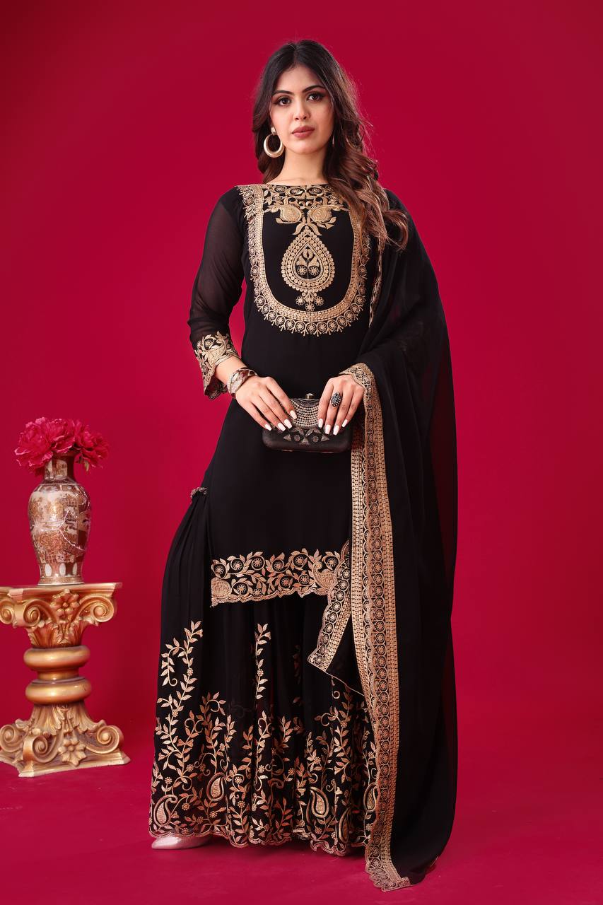 Designer Ready-to-Wear Faux Georgette Top Bottom Dupatta with Embroidery Sequence - Jaipuri Vastra
