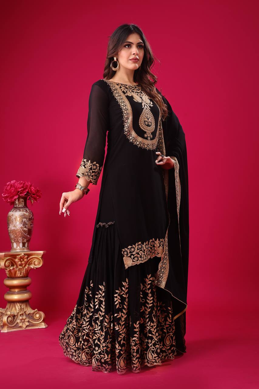Designer Ready-to-Wear Faux Georgette Top Bottom Dupatta with Embroidery Sequence - Jaipuri Vastra