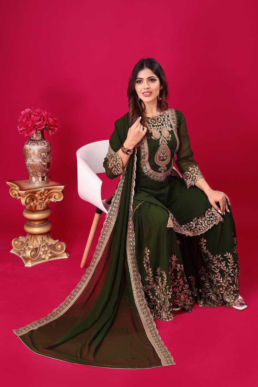 Designer Ready-to-Wear Faux Georgette Top Bottom Dupatta with Embroidery Sequence - Jaipuri Vastra