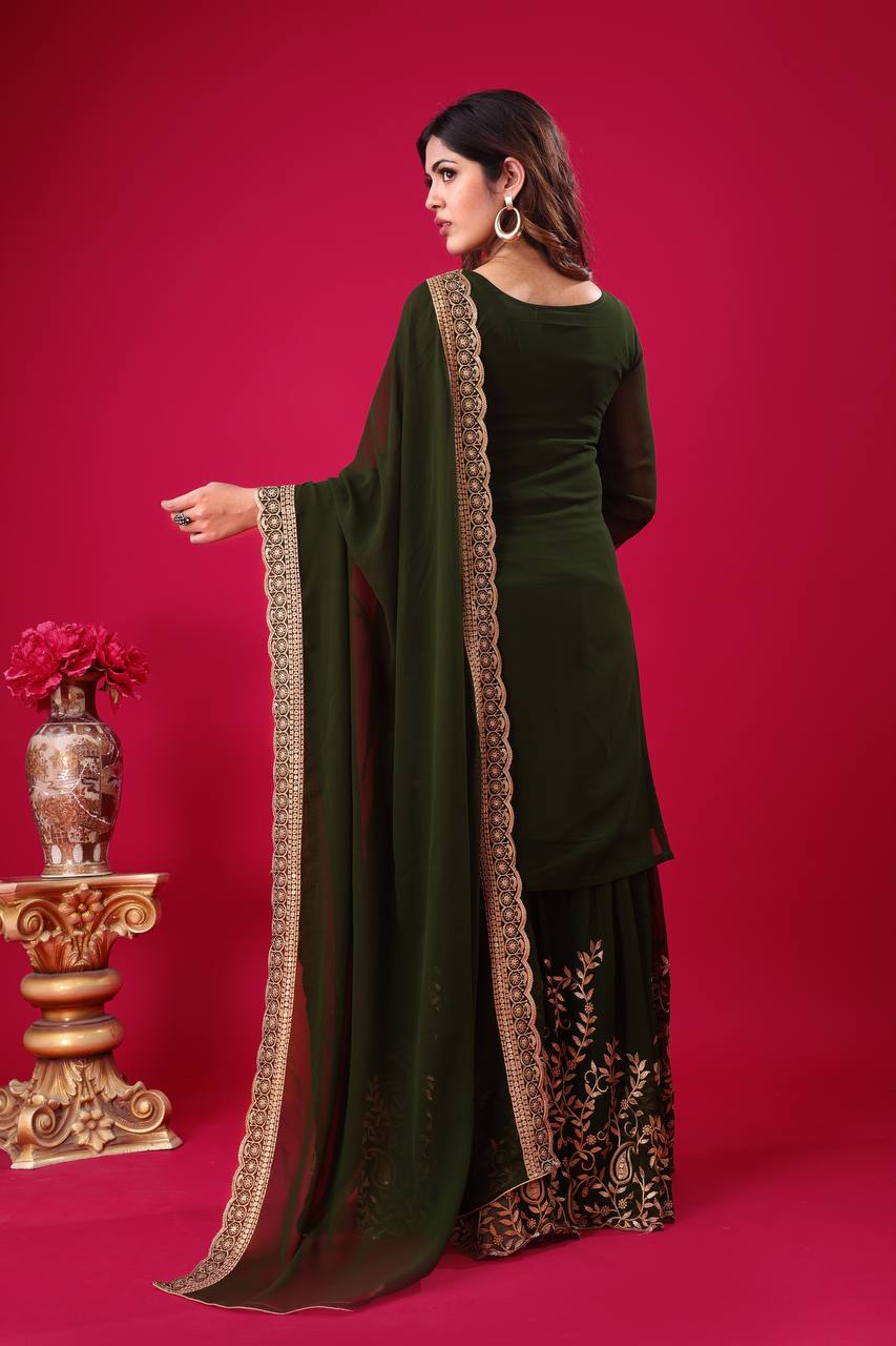 Designer Ready-to-Wear Faux Georgette Top Bottom Dupatta with Embroidery Sequence - Jaipuri Vastra