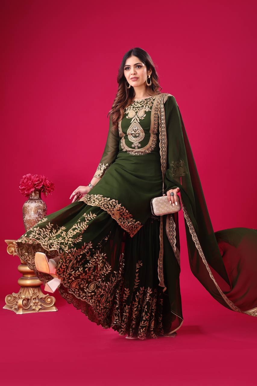 Designer Ready-to-Wear Faux Georgette Top Bottom Dupatta with Embroidery Sequence - Jaipuri Vastra