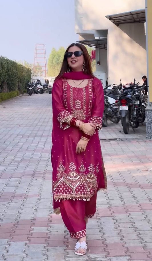 Stylish Designer Pink Suit Set Featuring Sequin and Pearl Work on Shimmer Silk Top and Palazzo with Dupatta - Jaipuri Vastra