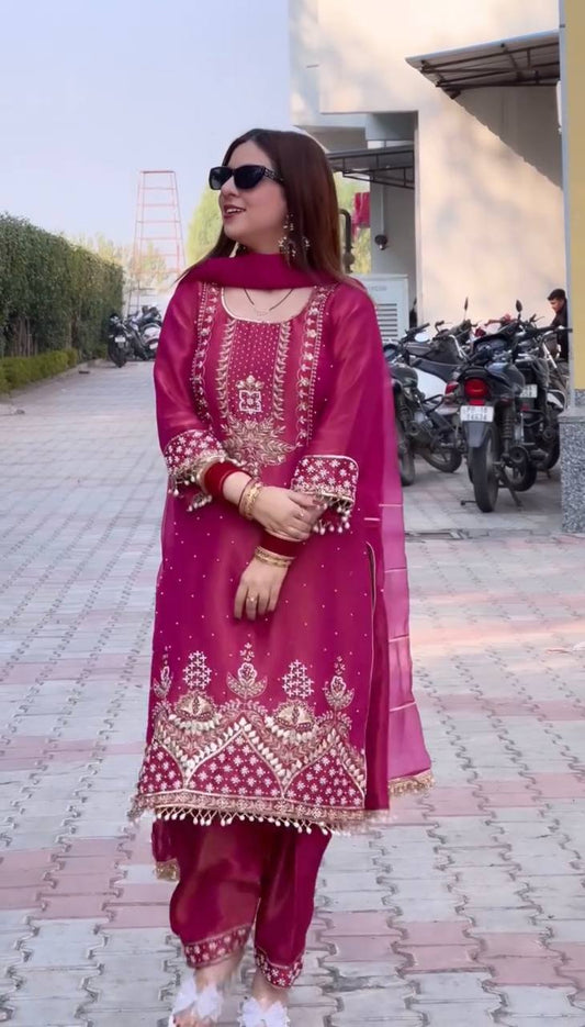 Stylish Designer Pink Suit Set Featuring Sequin and Pearl Work on Shimmer Silk Top and Palazzo with Dupatta - Jaipuri Vastra