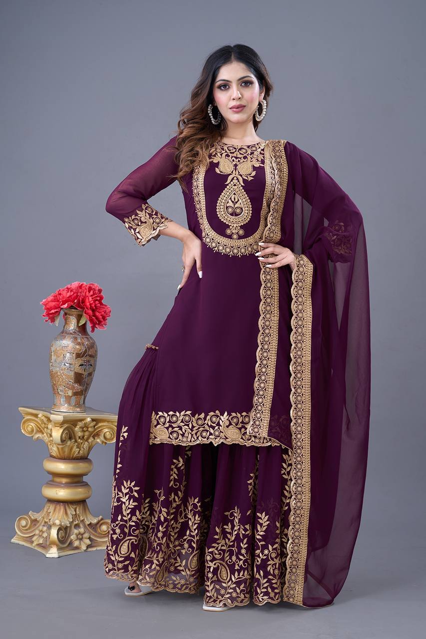 Designer Ready-to-Wear Faux Georgette Top Bottom Dupatta with Embroidery Sequence - Jaipuri Vastra