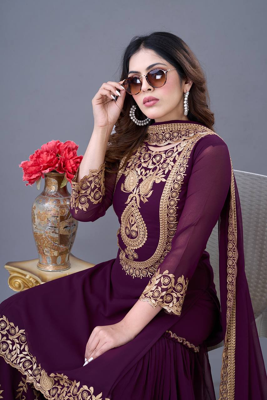 Designer Ready-to-Wear Faux Georgette Top Bottom Dupatta with Embroidery Sequence - Jaipuri Vastra