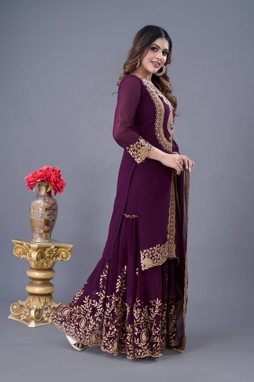 Designer Ready-to-Wear Faux Georgette Top Bottom Dupatta with Embroidery Sequence - Jaipuri Vastra